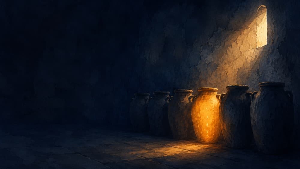 Seis talhas de pedra antigas alinhadas em um interior de pedra escuro e vazio. Cinco permanecem na penumbra índigo; a do centro é atravessada por dentro por uma luz âmbar quente, como se o conteúdo dela brilhasse.