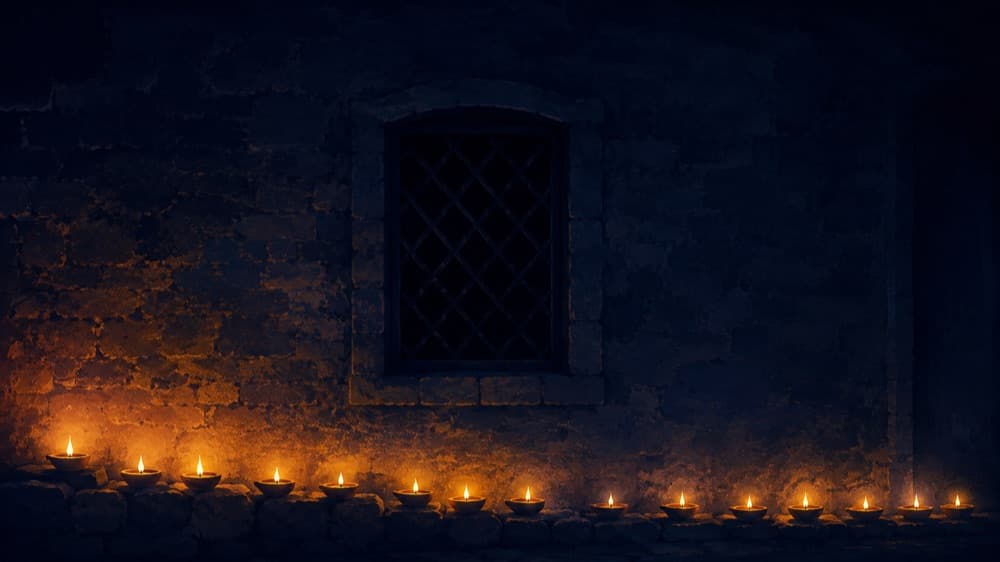 Muitas pequenas lamparinas acesas do lado de fora de uma casa de pedra, formando uma linha âmbar quente na noite índigo. Uma janela treliçada na fachada permanece completamente escura por dentro, sem nenhuma luz atravessando. Não há figuras humanas. Composição frontal e minimalista, com o interior escuro ocupando o centro do quadro.