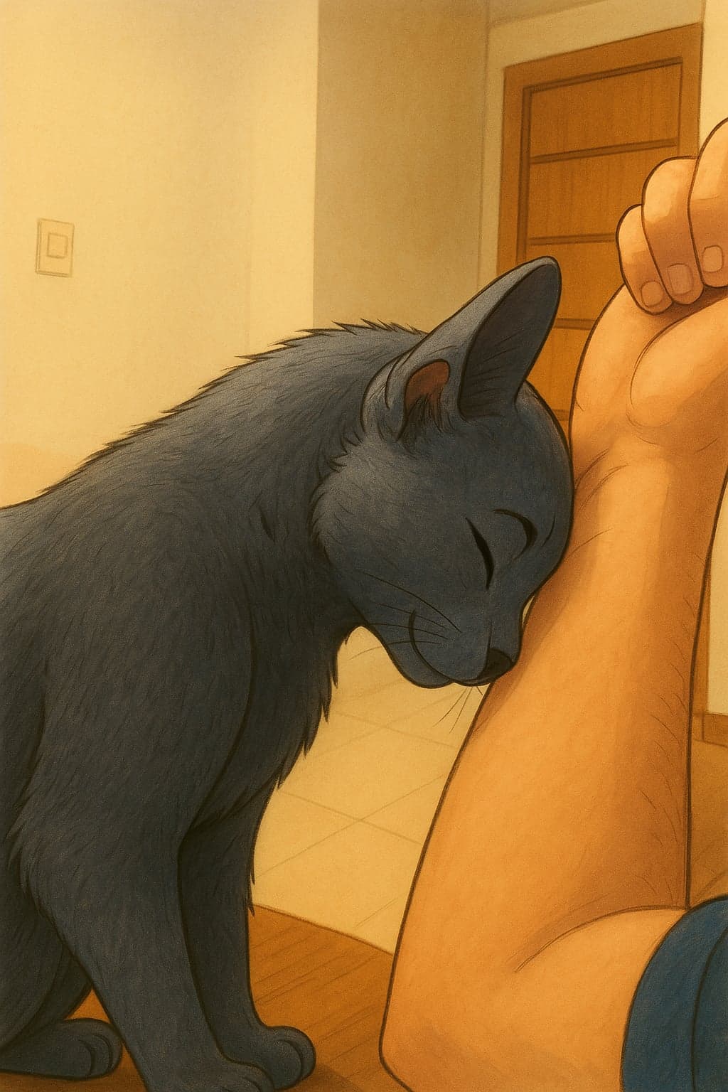 Ilustração de um gato cinza dando uma cabeçada carinhosa no braço de uma pessoa, num corredor de luz quente