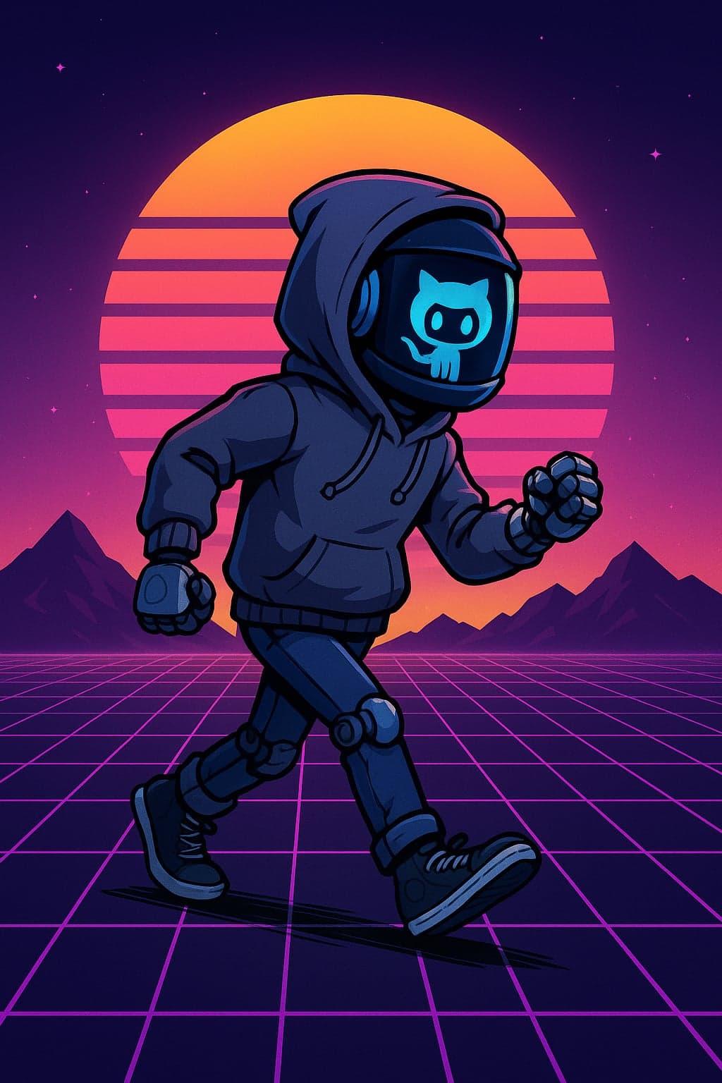 Personagem robótico de moletom com capuz e visor com um gatinho na tela, caminhando sobre uma grade luminosa diante de um sol retrô