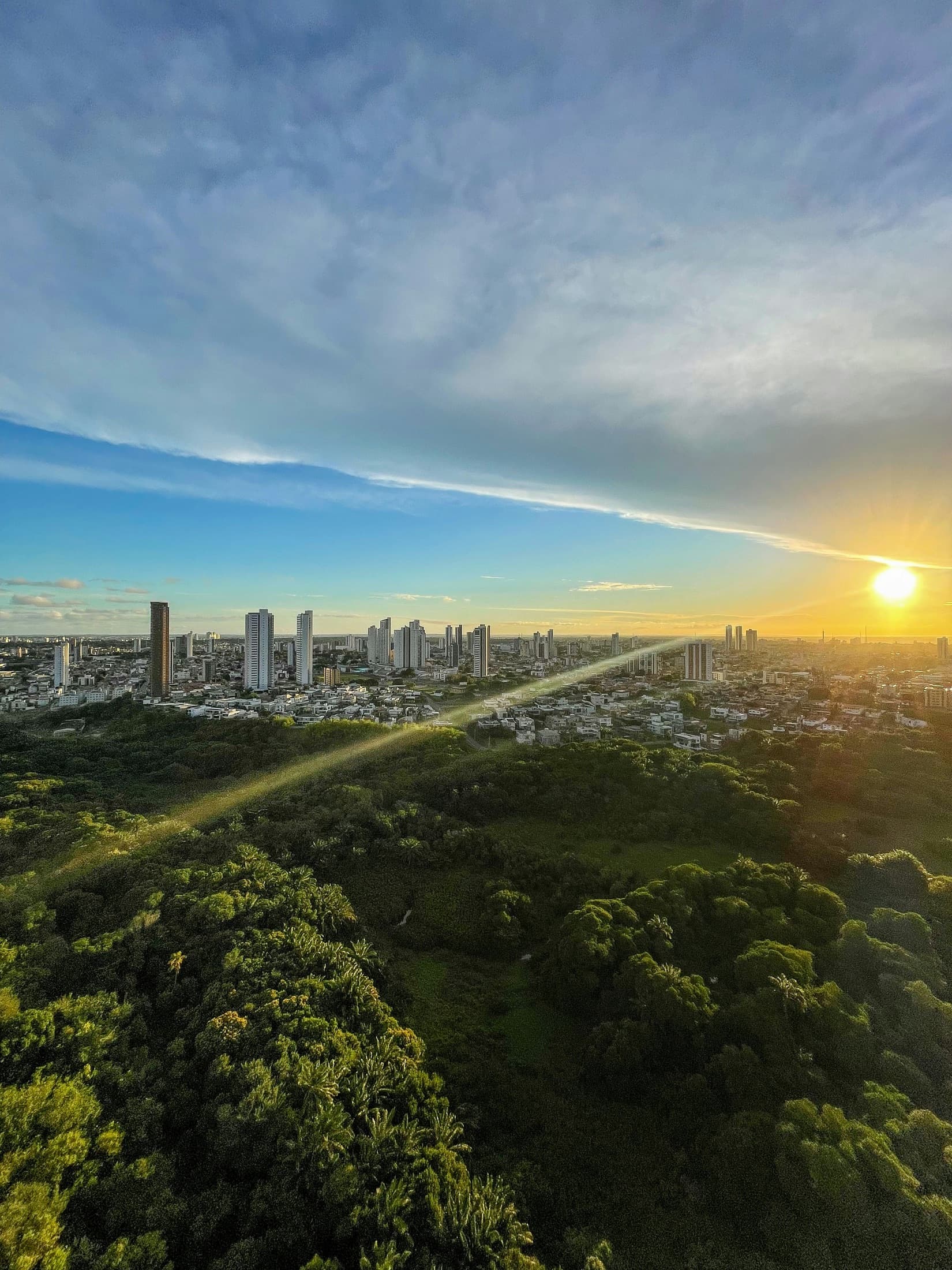 Vista do alto de uma cidade ao pôr do sol, com uma grande área verde em primeiro plano
