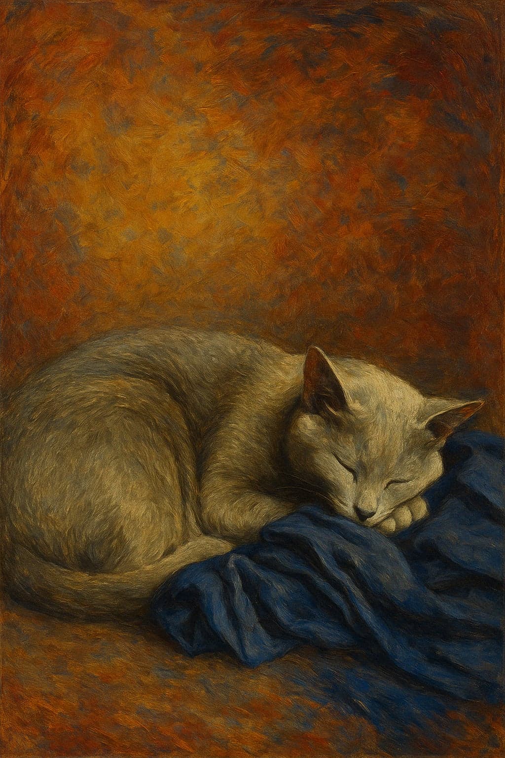 Pintura a óleo de um gato cinza dormindo enrolado sobre um pano azul, contra um fundo âmbar
