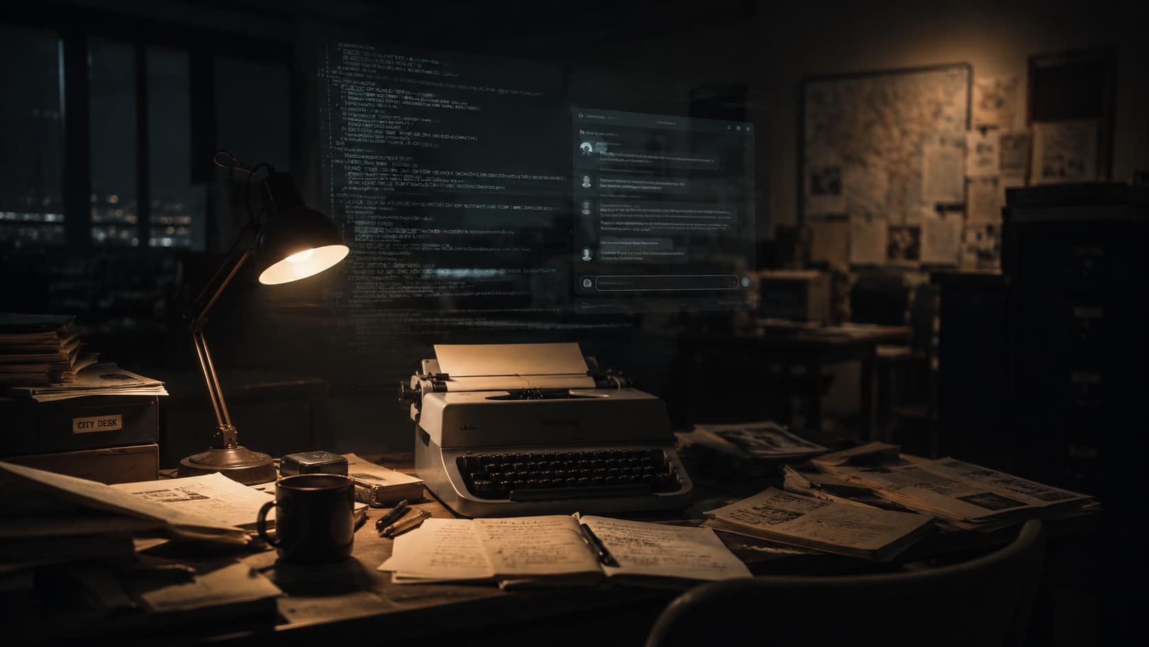 Mesa de trabalho de um jornalista em uma redação dos anos 1980, com máquina de escrever, papéis e luminária de luz quente, sobreposta pelo brilho translúcido de uma interface digital contemporânea