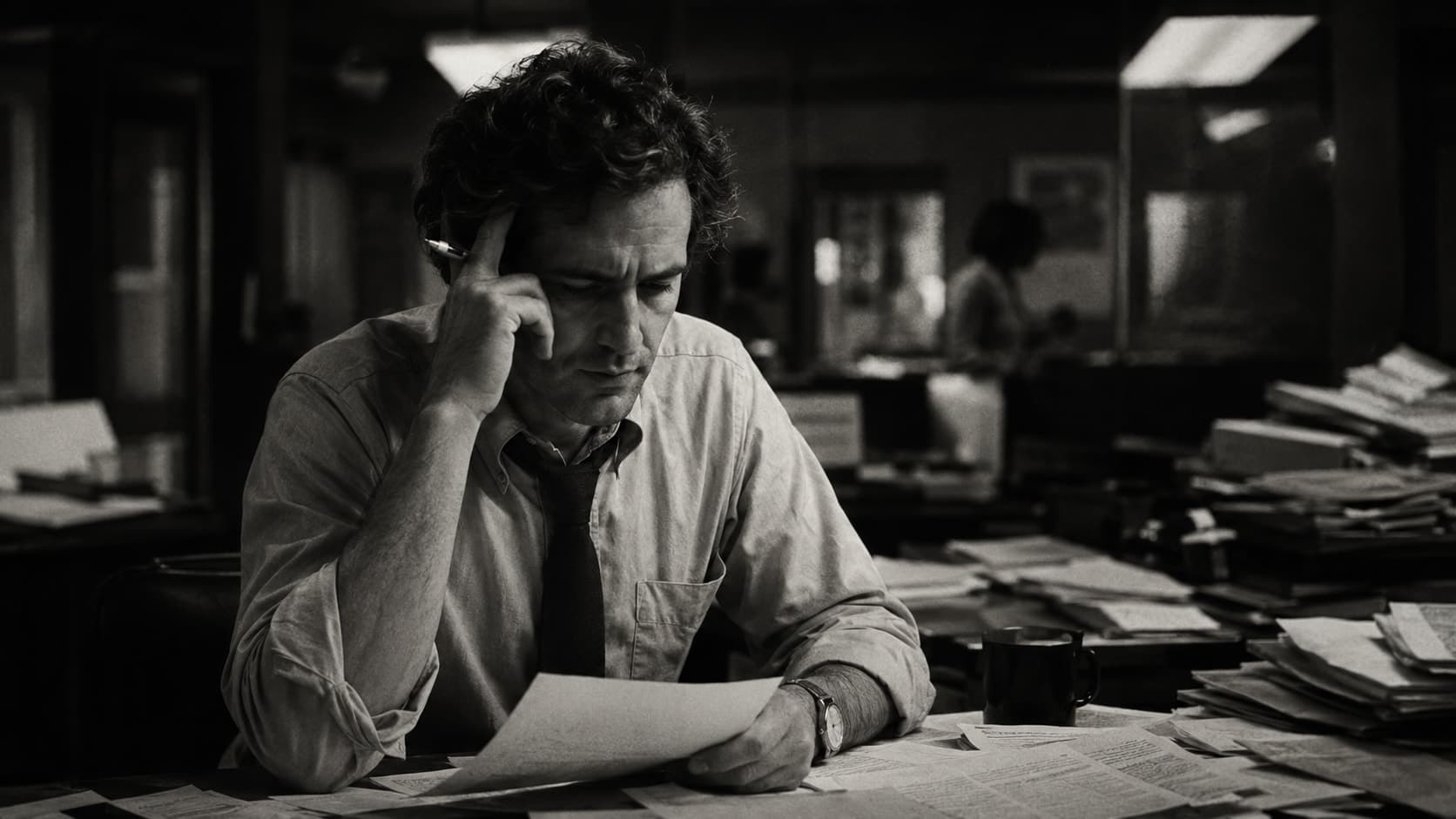 Retrato em preto e branco de um jornalista investigativo dos anos 1980 em sua mesa, olhando para documentos com expressão de concentração cética