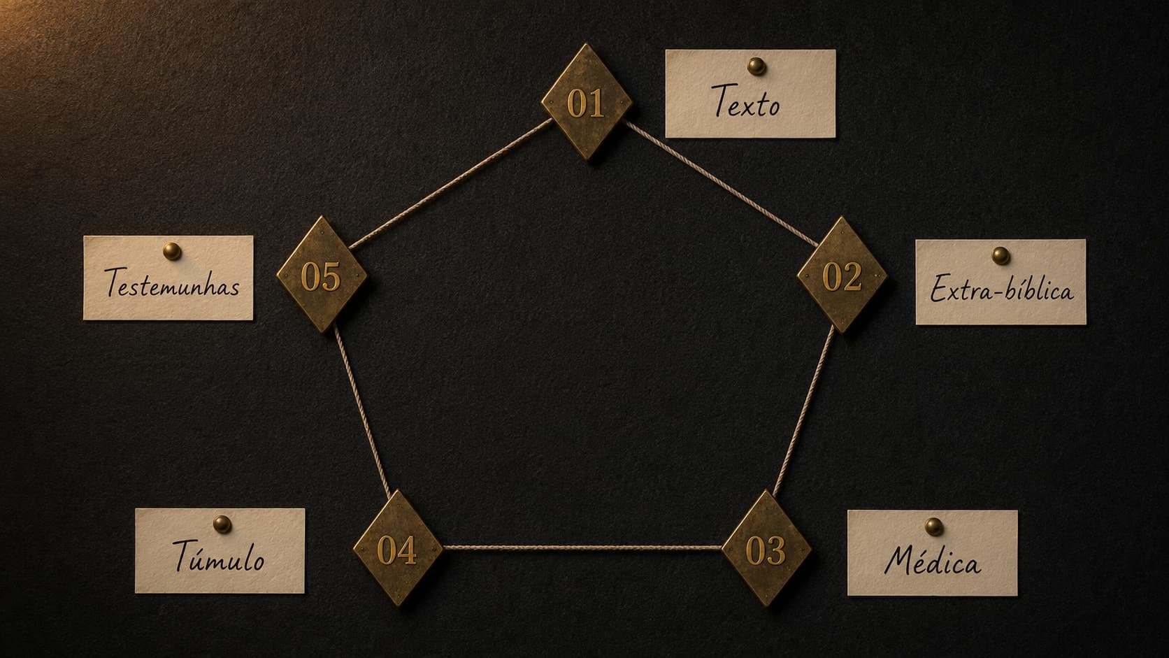 Diagrama em pentágono com cinco marcadores de latão numerados de 01 a 05, conectados por cordões, representando as cinco categorias da investigação: Texto, Extra-bíblica, Médica, Túmulo e Testemunhas