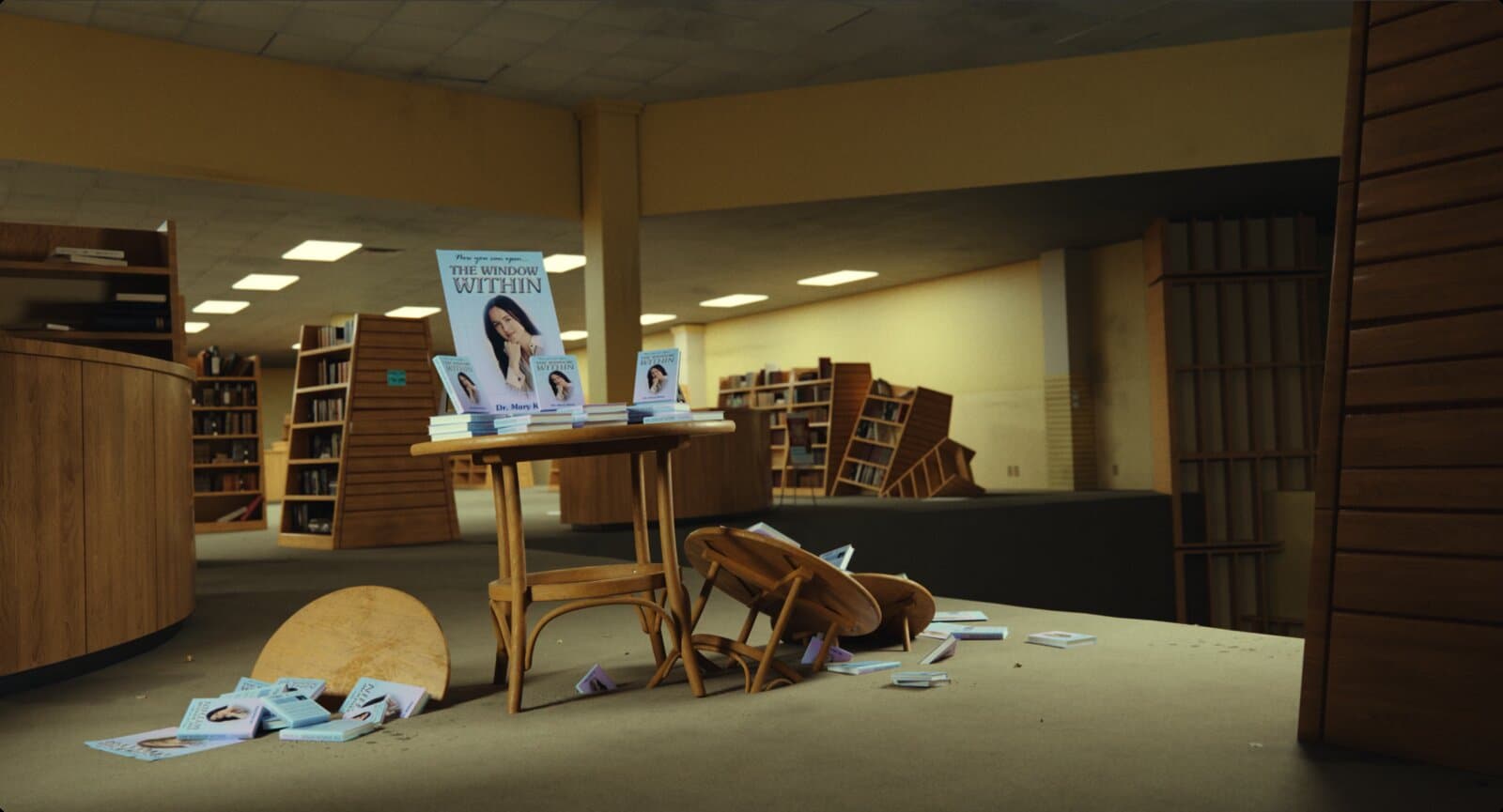 Interior de uma livraria vazia. Sobre uma mesa, exemplares de um livro intitulado "The Window Within", com a foto da autora na capa. Ao redor, cadeiras e mesas tombadas e livros espalhados pelo chão.