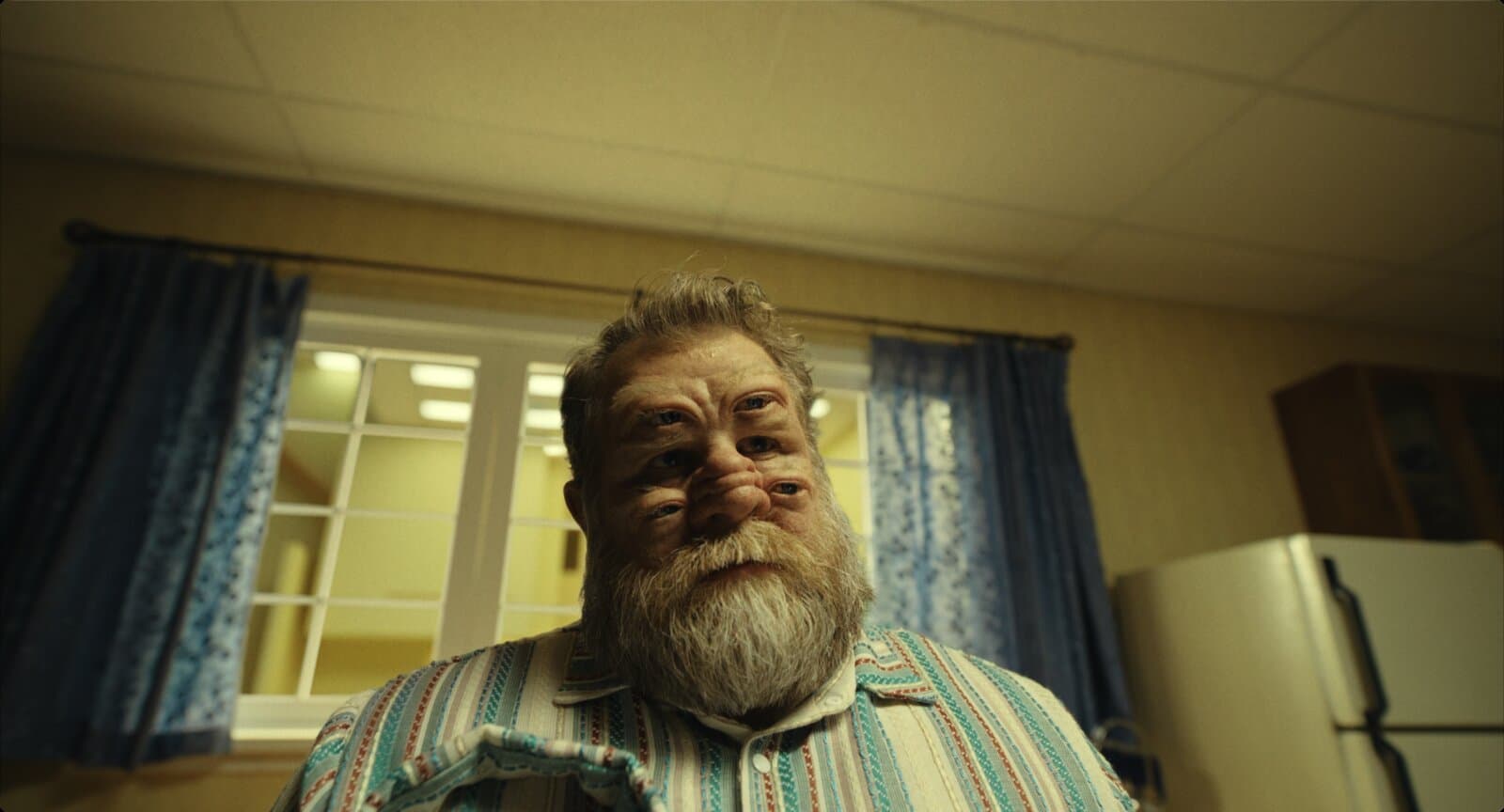 Close de um homem idoso de barba grisalha e camisa listrada, numa cozinha com cortinas azuis. O rosto tem olhos a mais do que deveria, encaixados de forma assimétrica em volta do nariz.