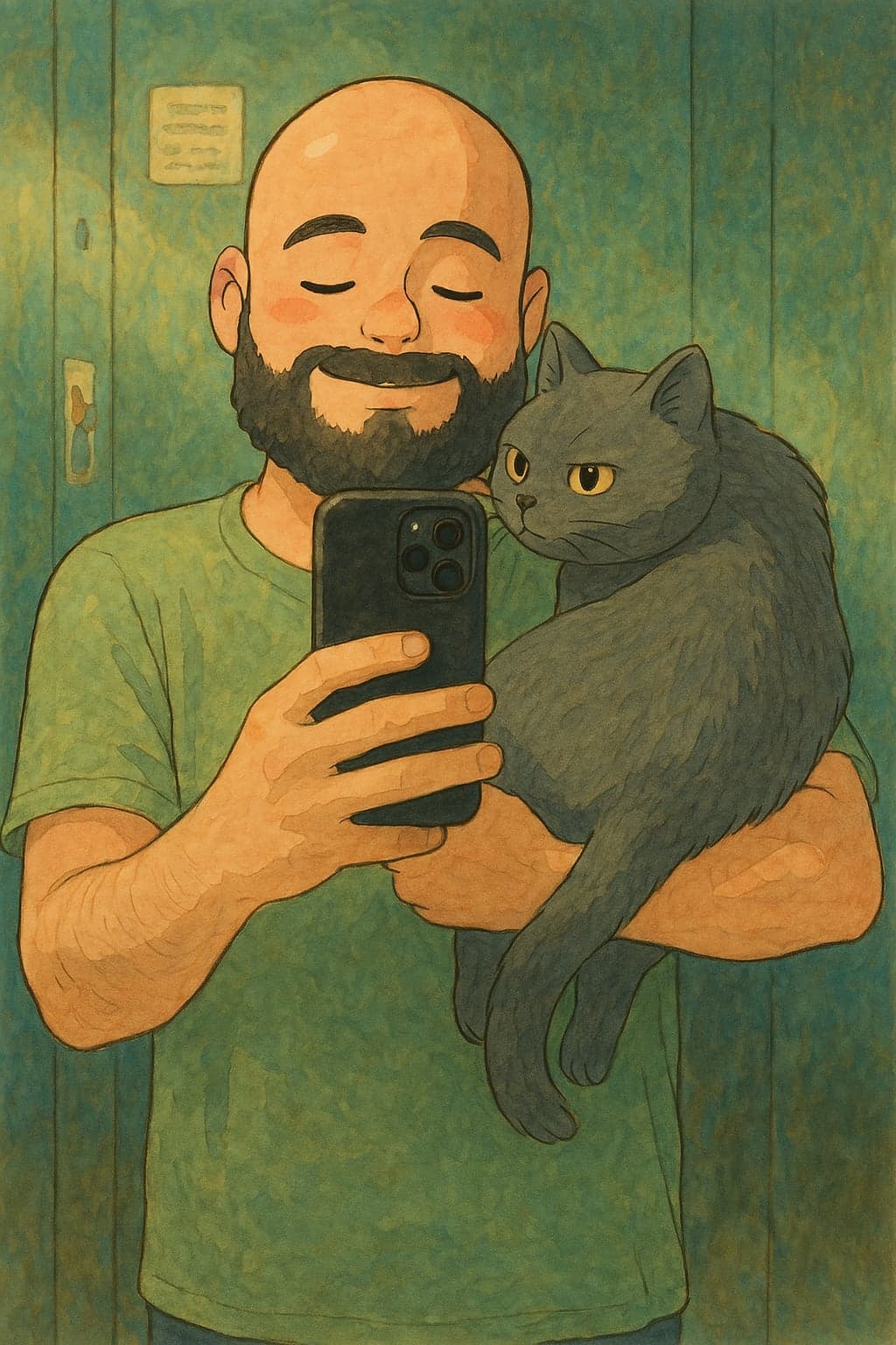 Ilustração em aquarela de um homem careca de barba sorrindo de olhos fechados, segurando um gato cinza e fazendo uma selfie no espelho