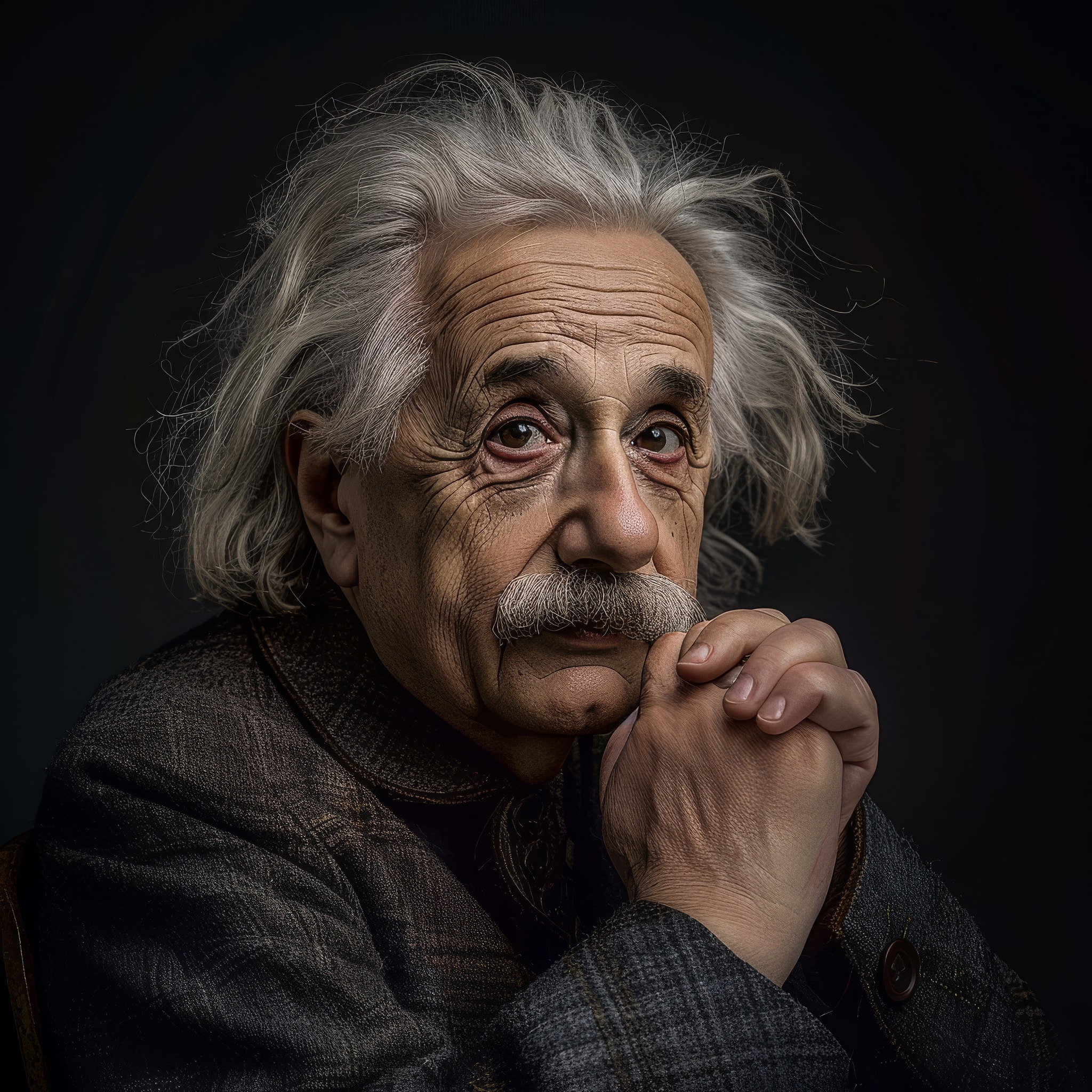 Retrato hiper-realista de Albert Einstein idoso, com os cabelos brancos desgrenhados e as mãos unidas diante do rosto sobre um fundo escuro