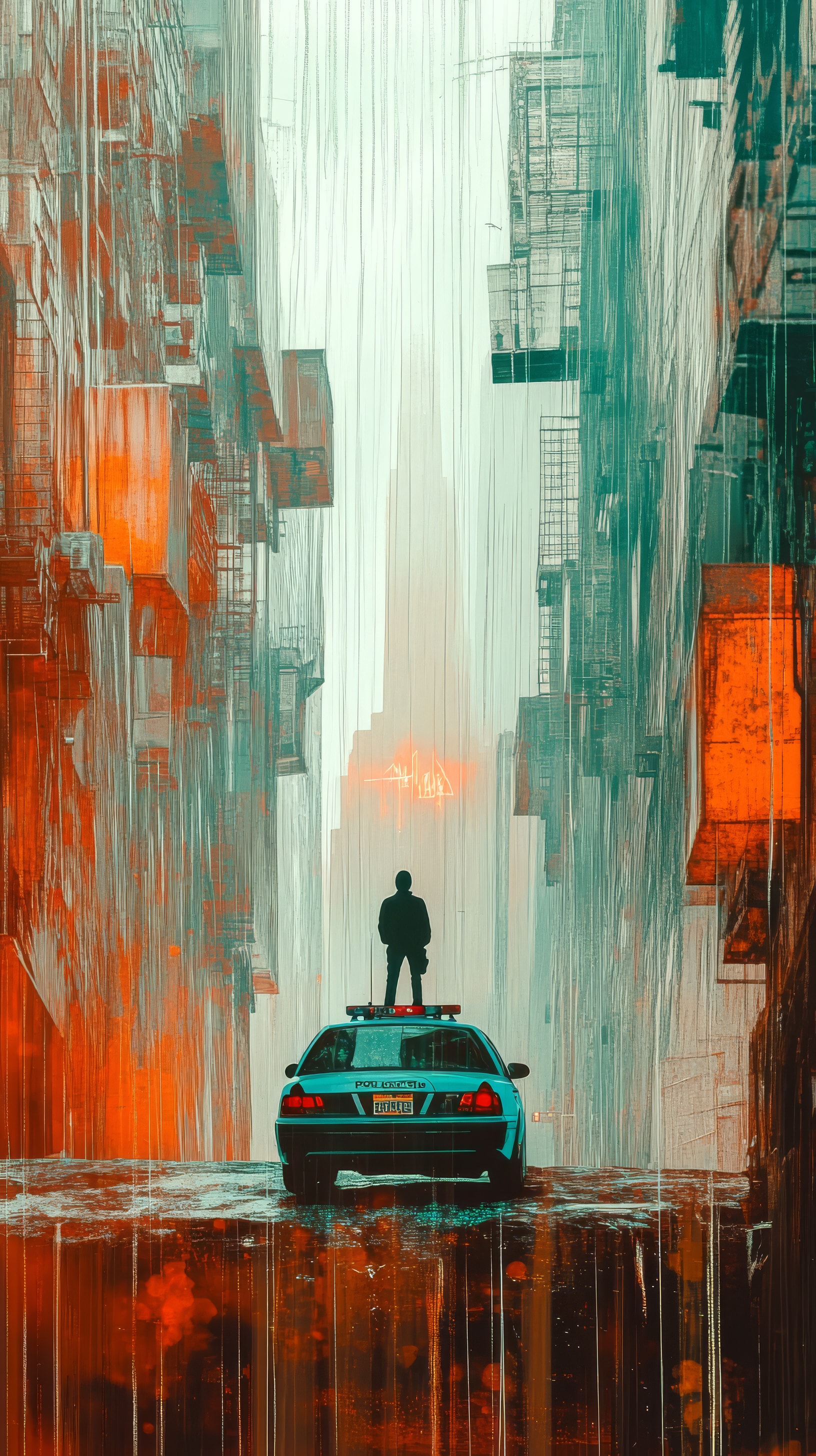 Pintura digital de uma figura em pé sobre um carro numa rua chuvosa, com a cidade escorrendo em tons de verde-água e laranja