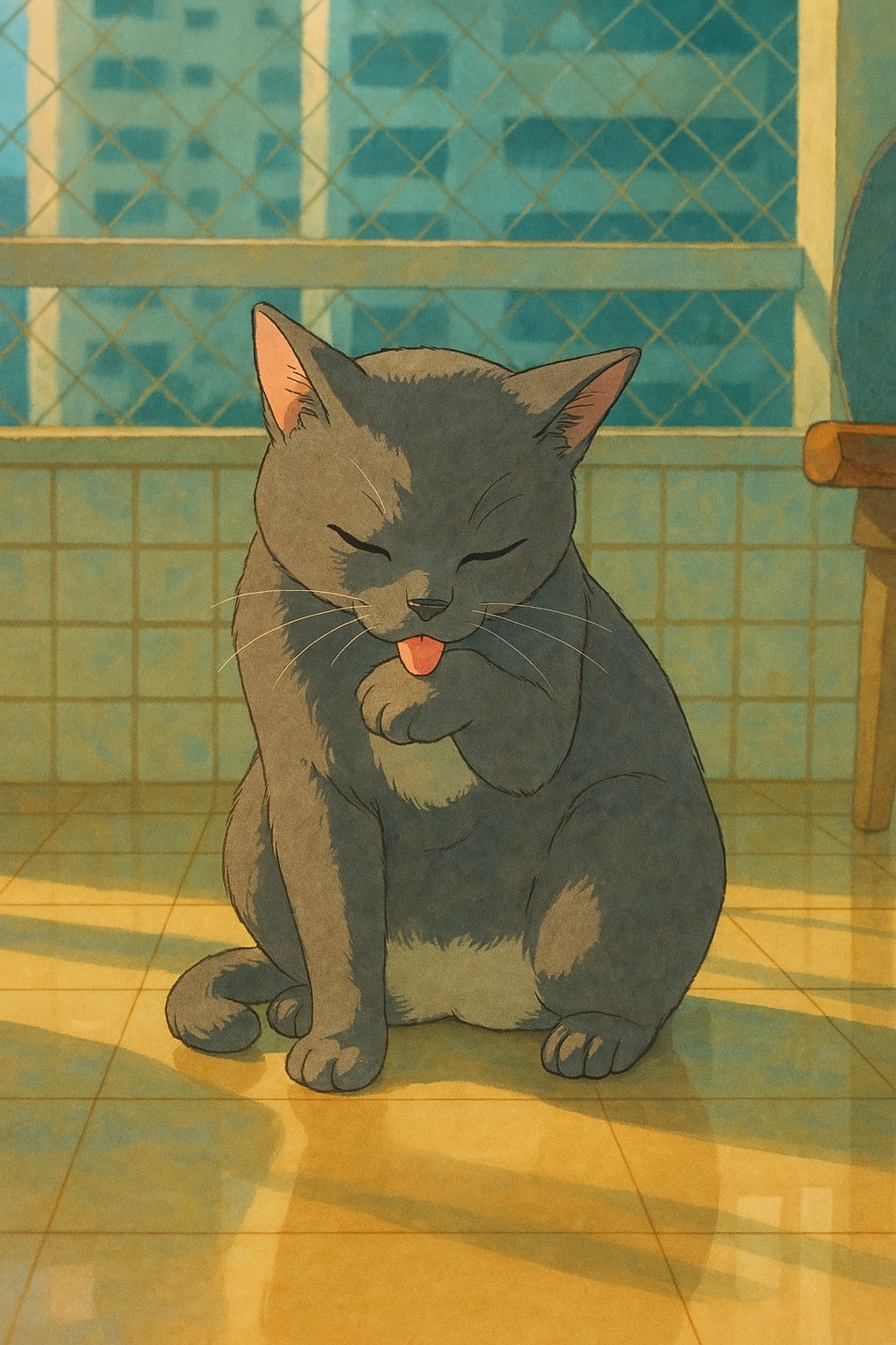 Ilustração em estilo anime de um gato cinza sentado num banheiro de azulejos, lambendo a pata