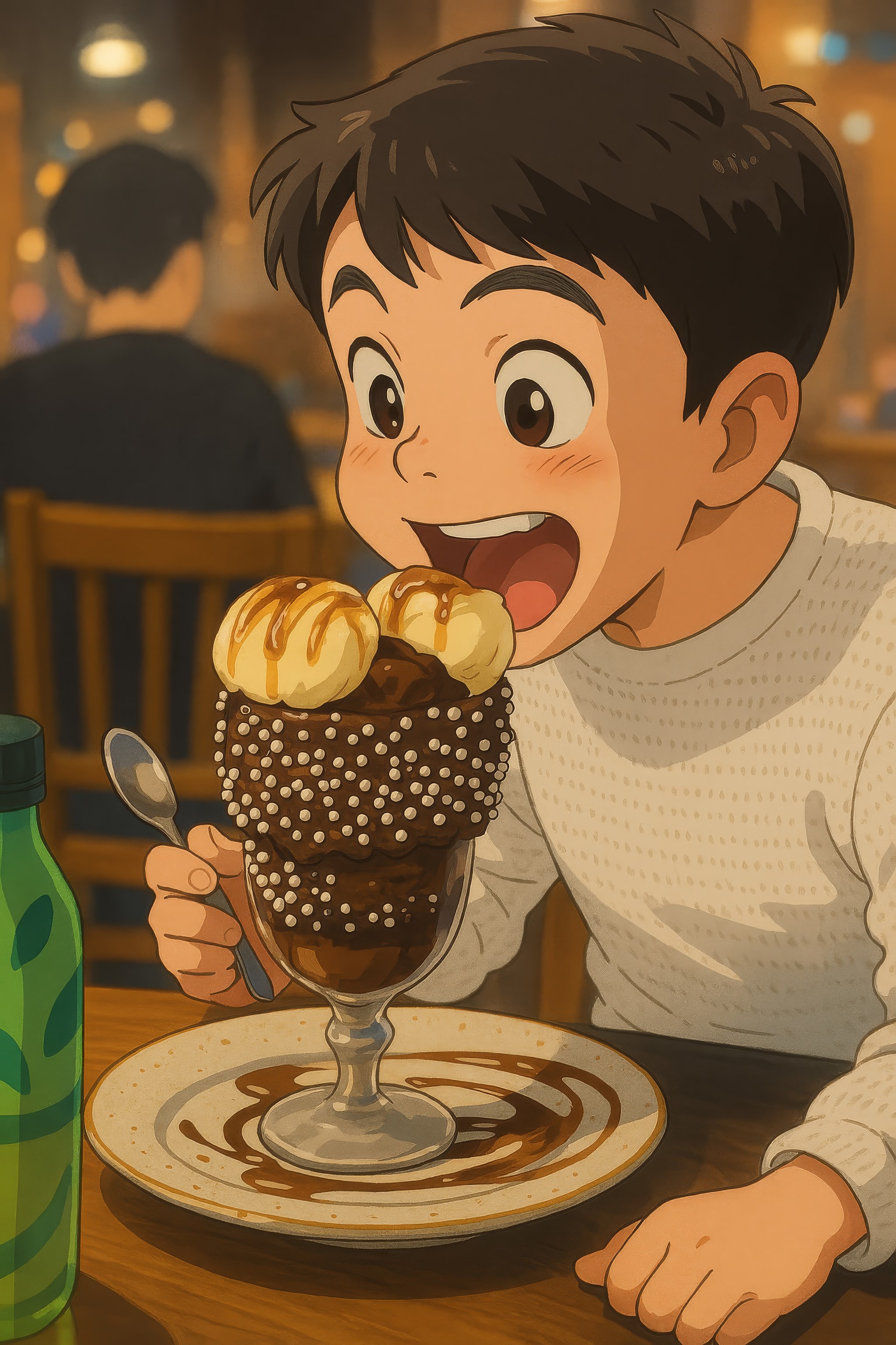 Ilustração em estilo anime de um menino de boca aberta diante de uma taça alta de chocolate com chantilly
