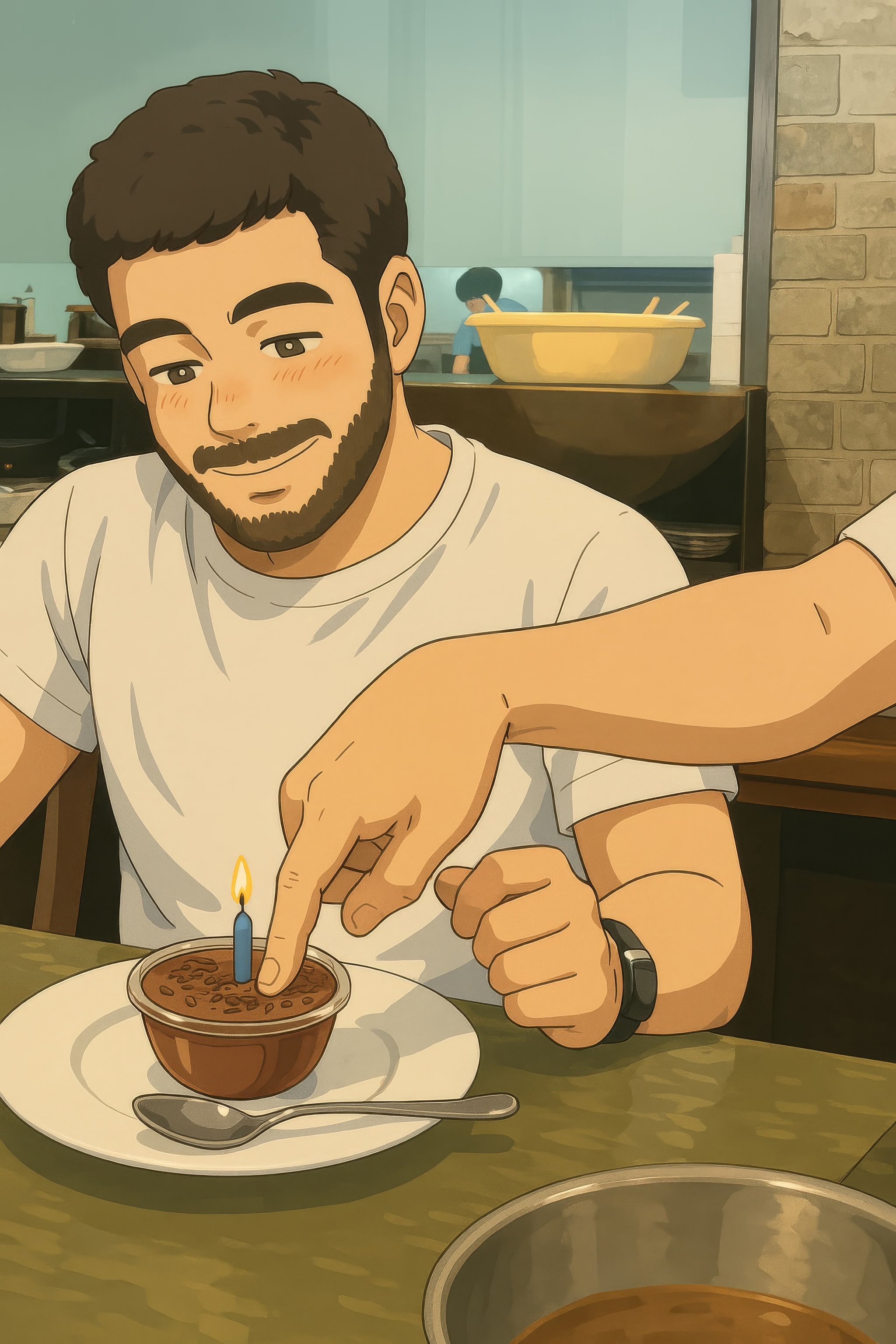 Ilustração em estilo anime de um homem barbudo acendendo uma velinha num doce de chocolate
