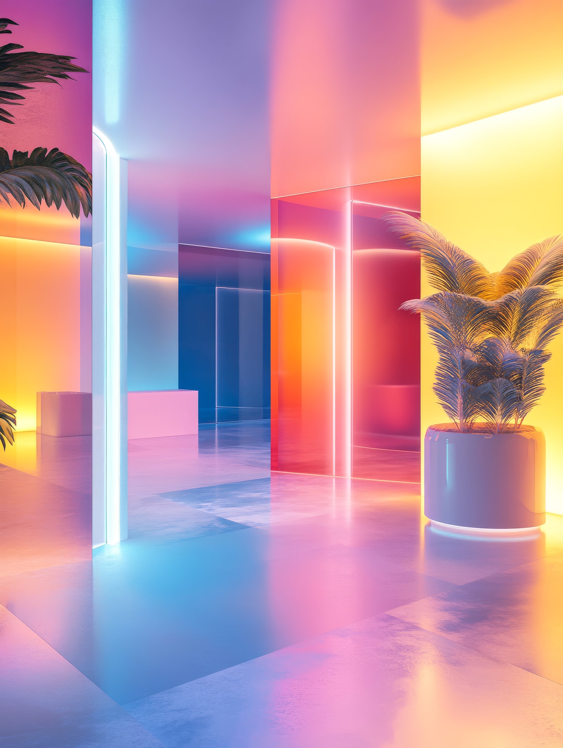 Interior surreal iluminado por néon, com painéis translúcidos coloridos e um vaso de planta