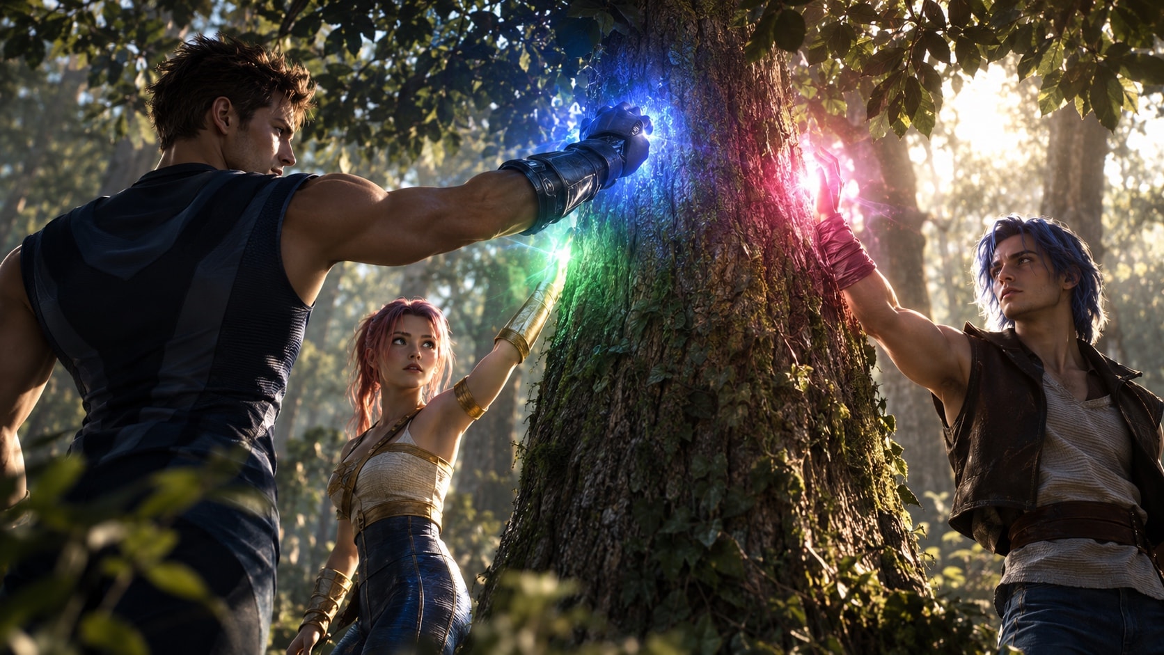 Três personagens numa floresta tocando juntos o tronco de uma árvore coberto de hera, com as mãos enluvadas emanando um brilho de cores diferentes — azul, verde e vermelho — sob luz solar filtrada pelas copas