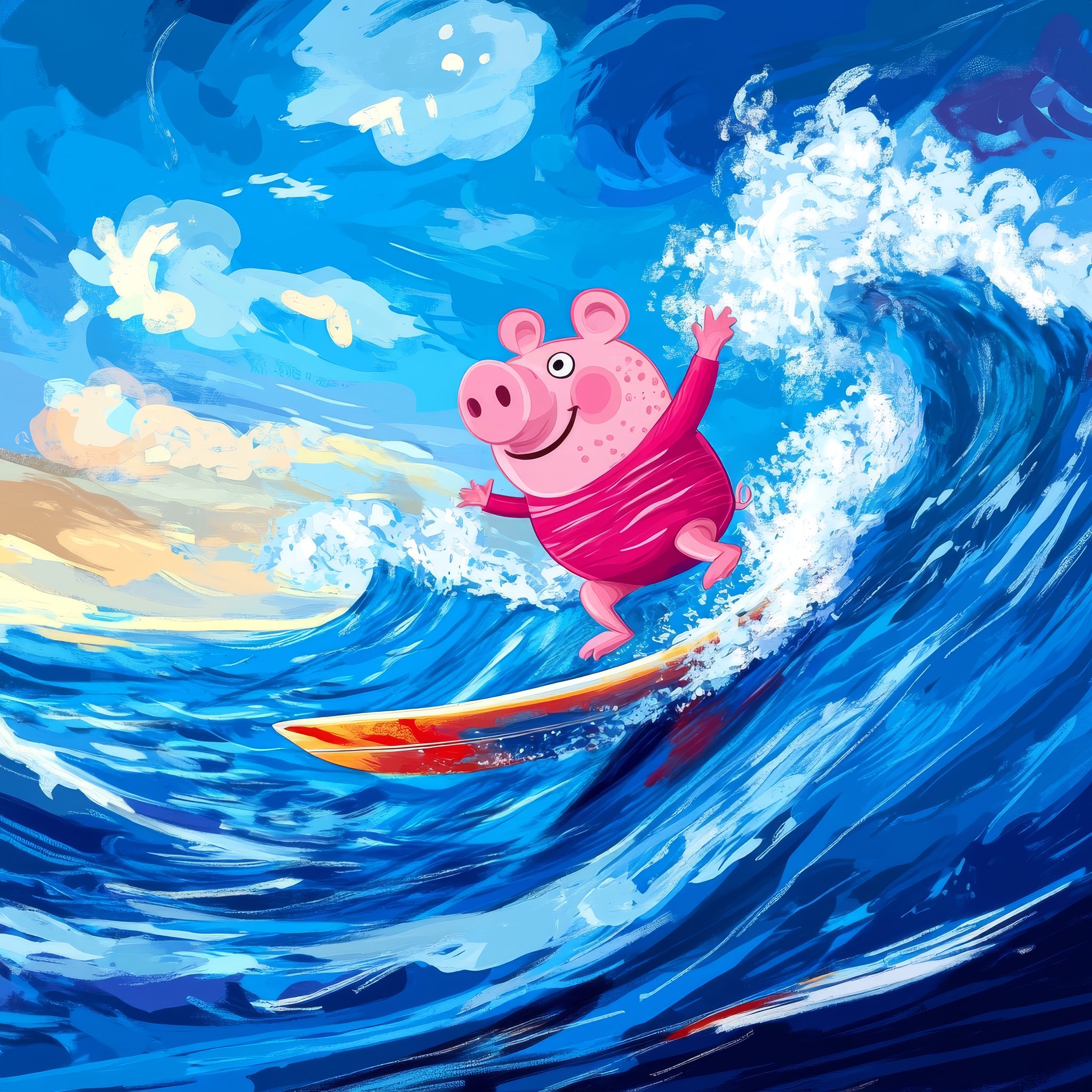 Ilustração de uma porquinha rosa surfando numa onda azul sob um céu com nuvens pintadas