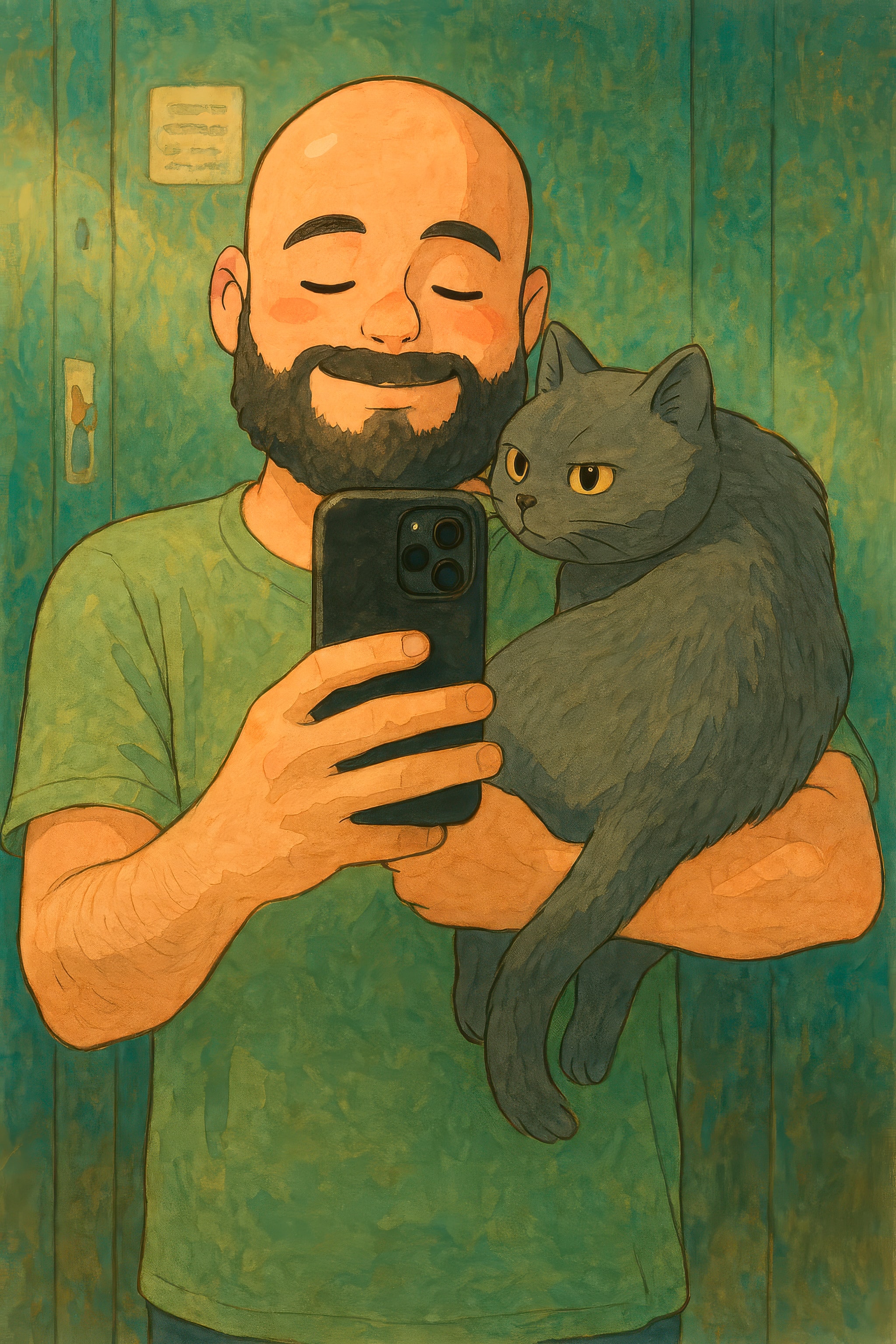 Ilustração em aquarela de um homem careca de barba sorrindo de olhos fechados, segurando um gato cinza e fazendo uma selfie no espelho