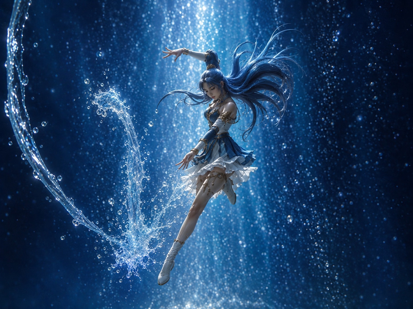 Personagem de longos cabelos azuis e vestido azul e branco saltando entre gotas d'água que giram em espiral, num fundo azul-escuro cintilante