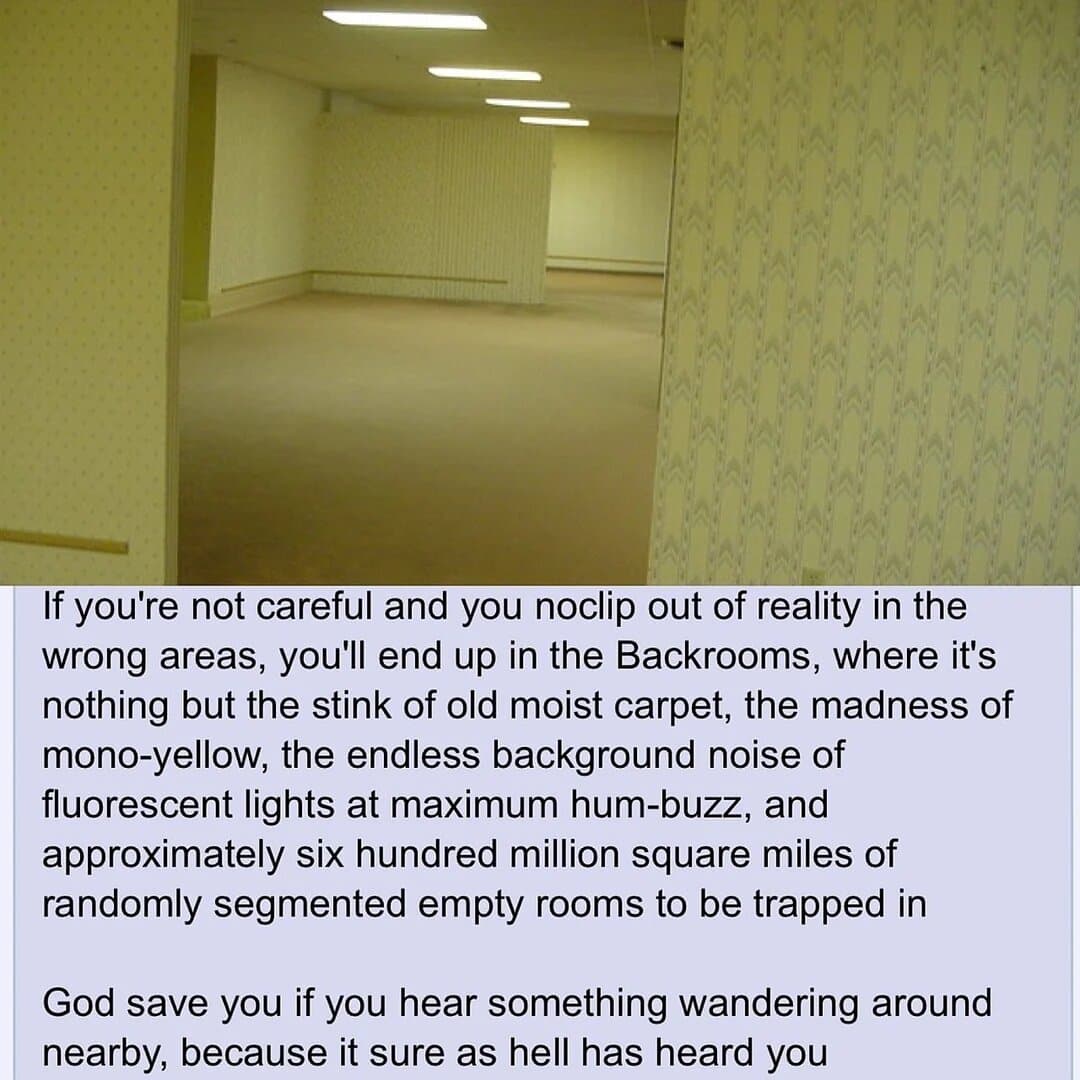 Post anônimo de 2019: a fotografia de um cômodo vazio com papel de parede amarelo, carpete bege e luzes fluorescentes, acompanhada do texto original em inglês que descreve os Backrooms.